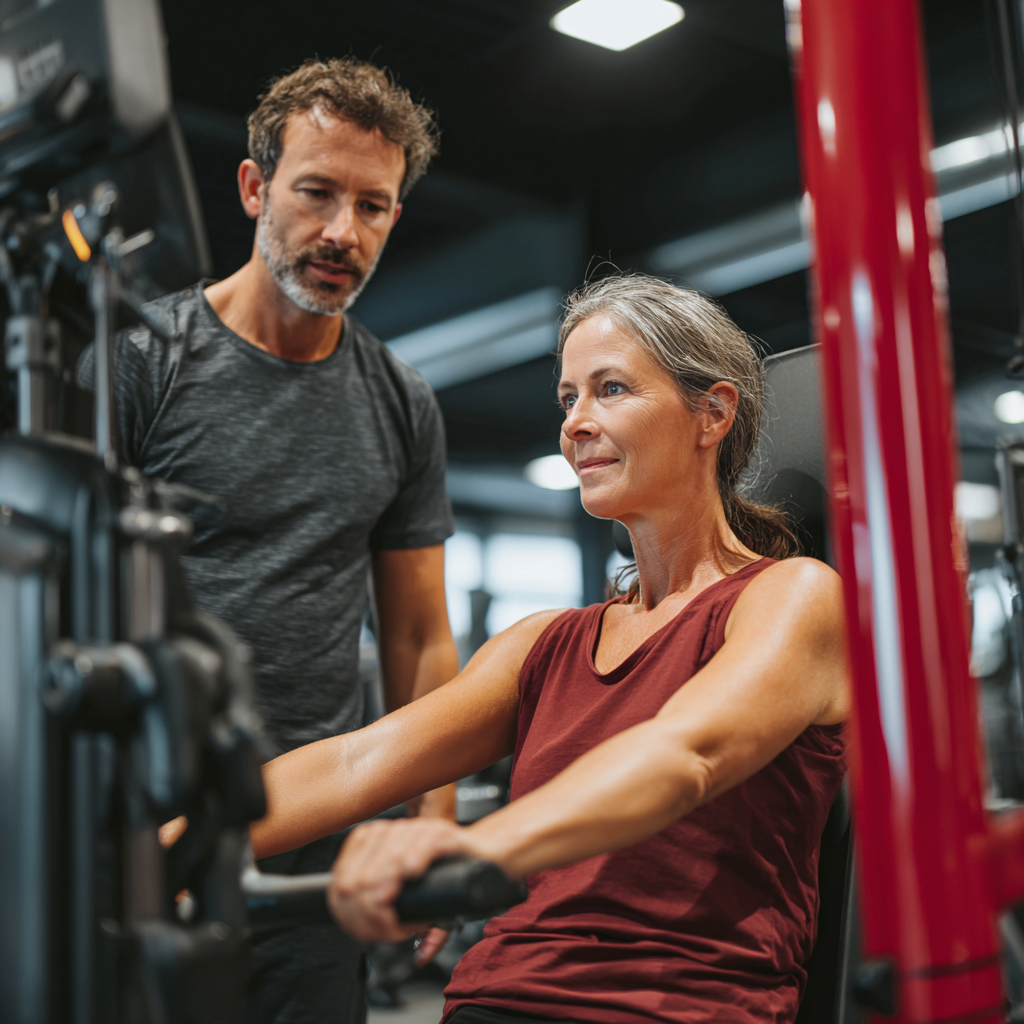 experienced fitness trainer working with middle-aged client in modern gym equipment